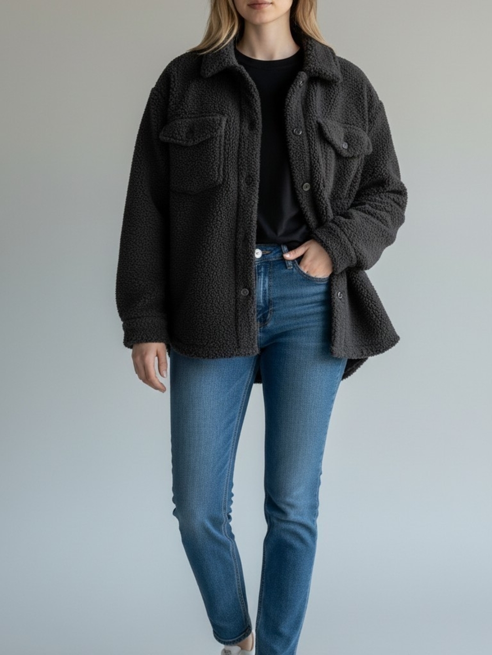 MONO B Cozy Black Sherpa Shacket - Women's Jacket & Coat